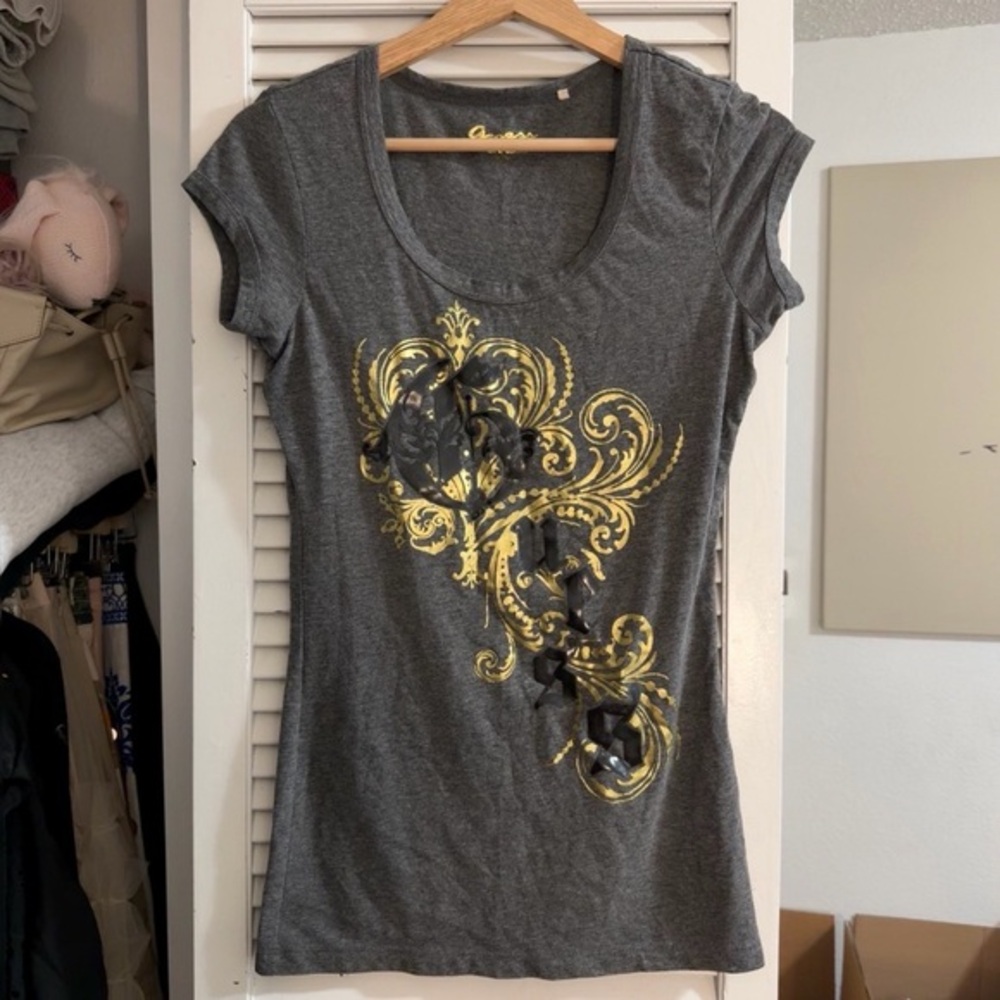 Guess Y2K Gold Rhinestone Logo Tee | Charcoal Gray | M